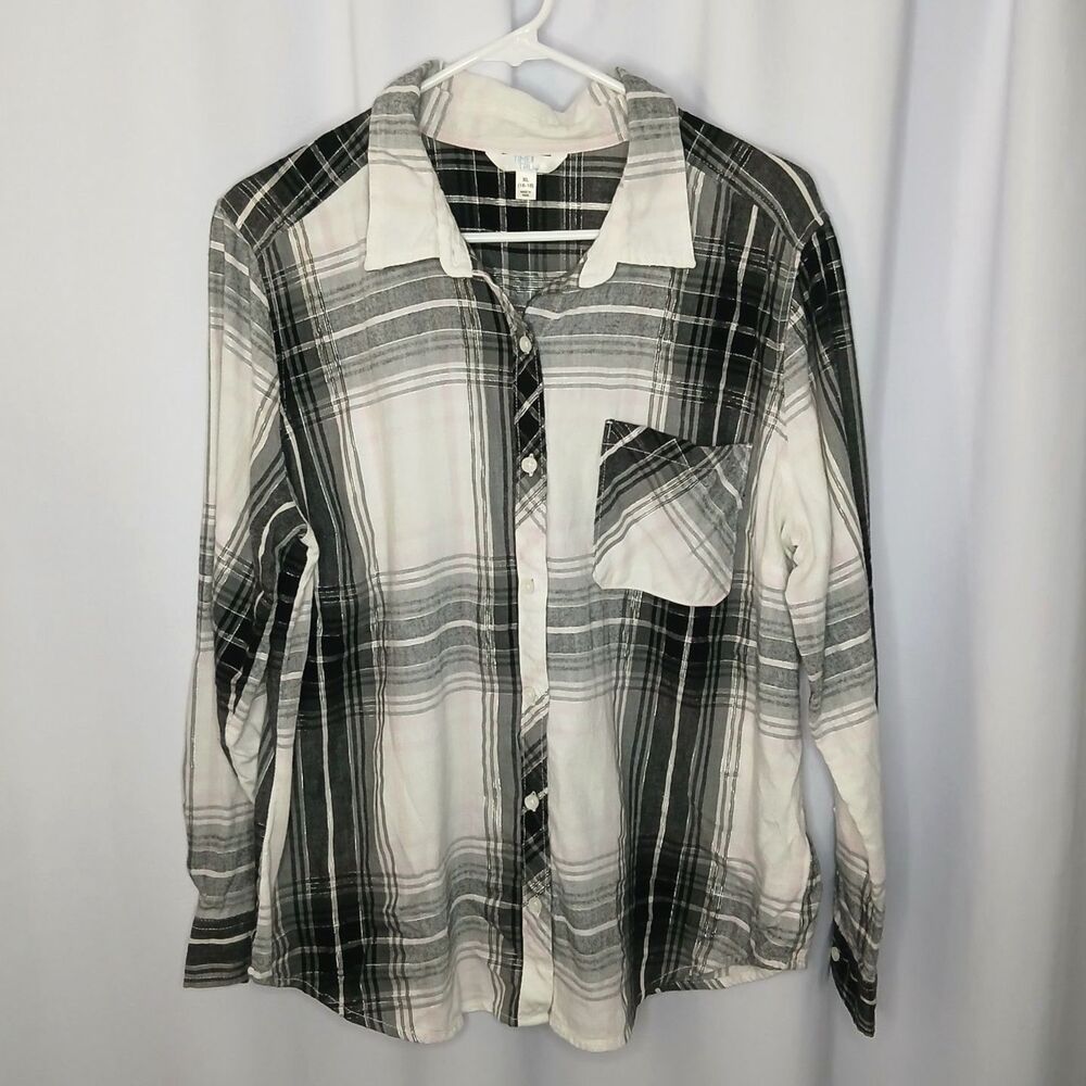 Time & Tru Cotton Flannel Shirt Button Down Plaid Long Slv Boyfriend Womens XL